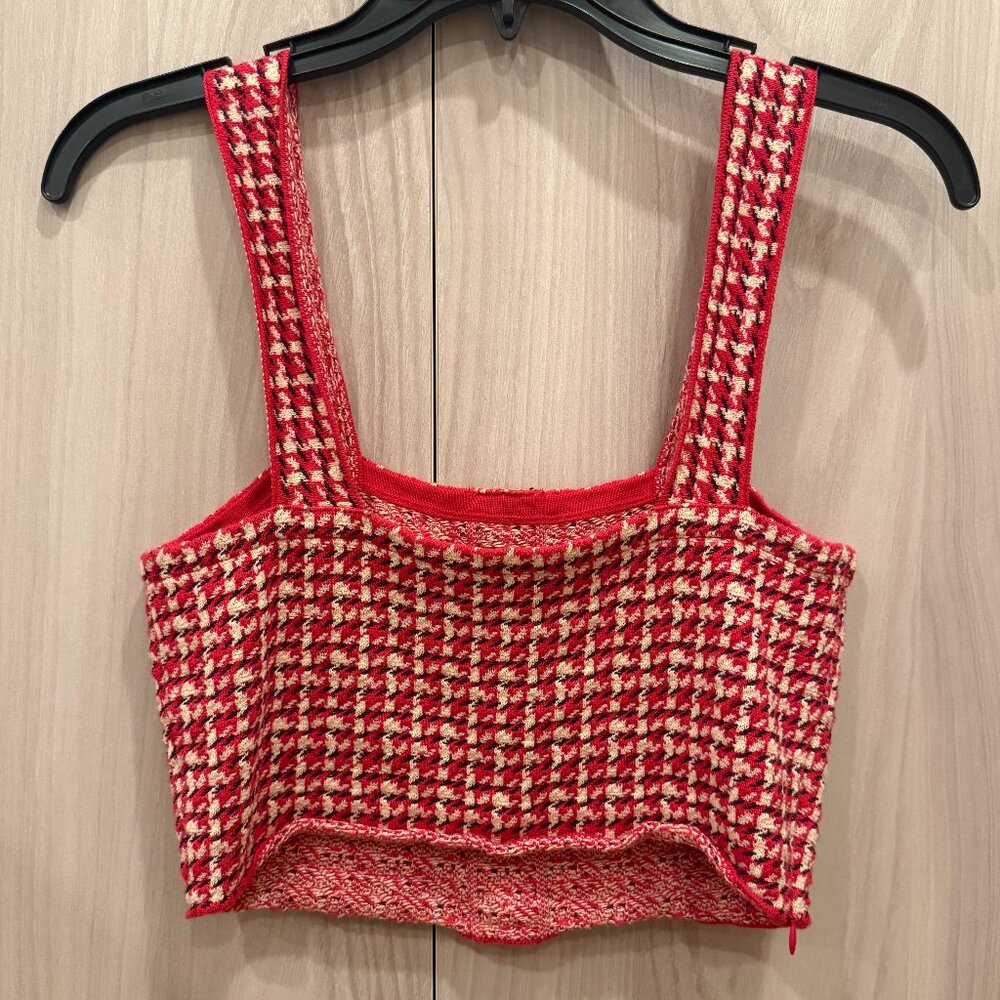 Sandro red and white tweed crop top with pearls, Size: 0 - Picture 3 of 4
